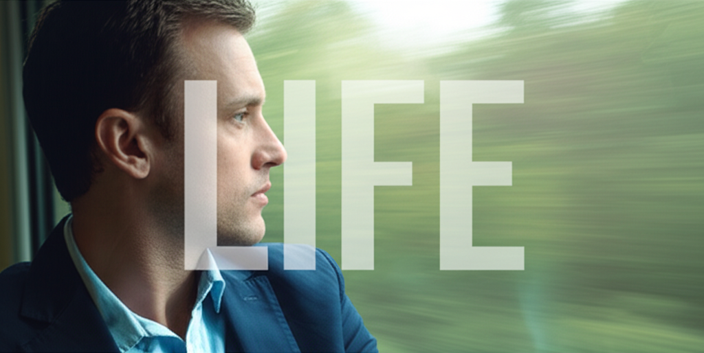 Man on train with "life" overlay