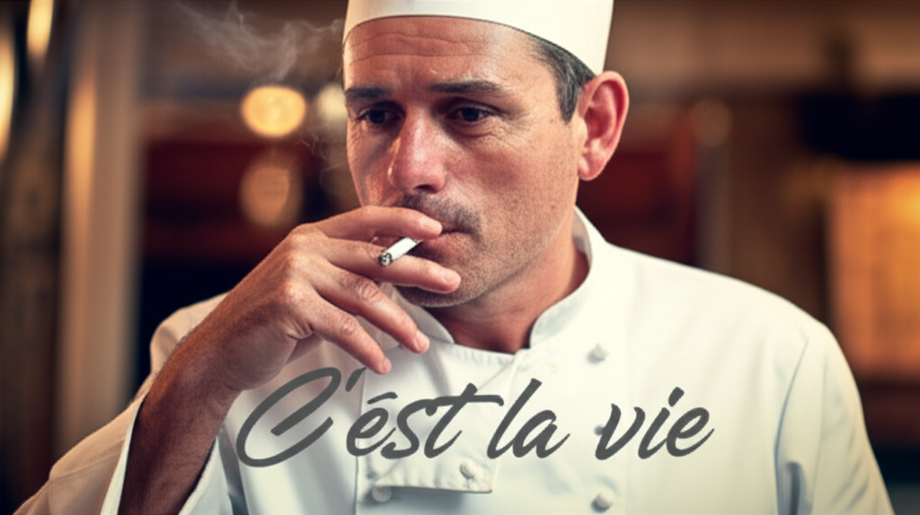 Smoking chef with "c'est la vie" overlay