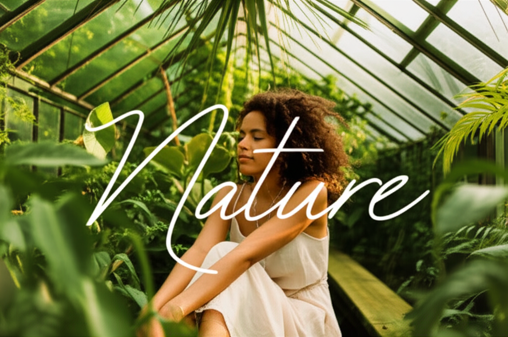 Woman in greenhouse with "nature" overlay