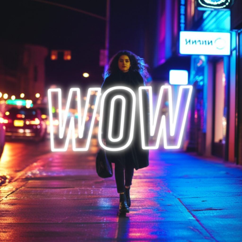 Woman in night city with "wow" overlay