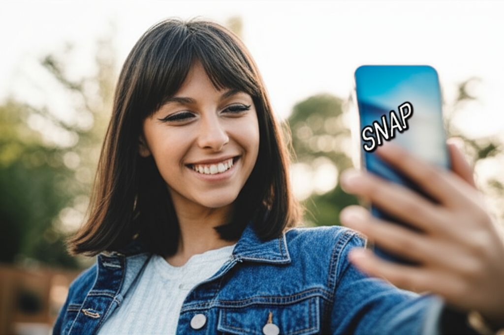 Woman taking photo with "snap" overlay